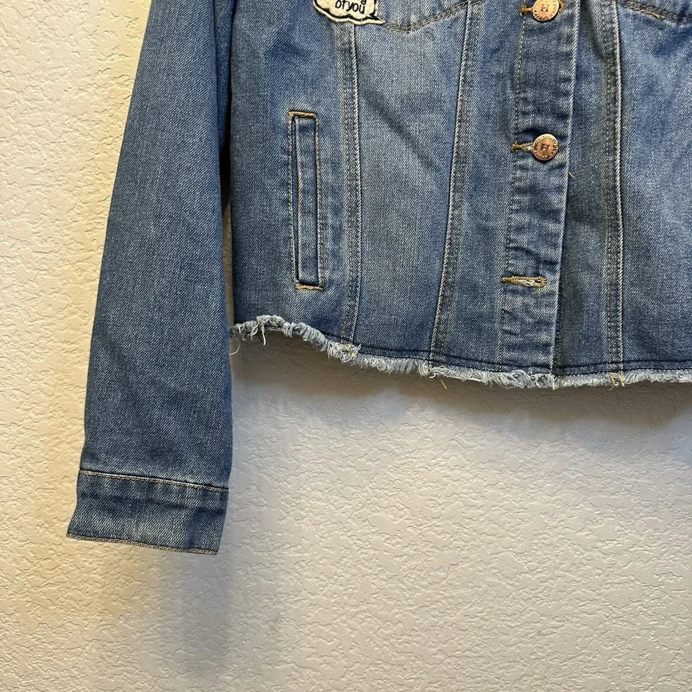 Highway‎ Jeans Womens L Cropped Denim Jacket Patches Sequin M Raw Hem VD7901HJMJ